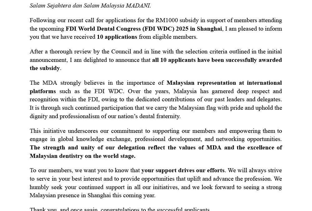 Announcement: Outcome of FDI World Dental Congress 2025 Subsidy Applications