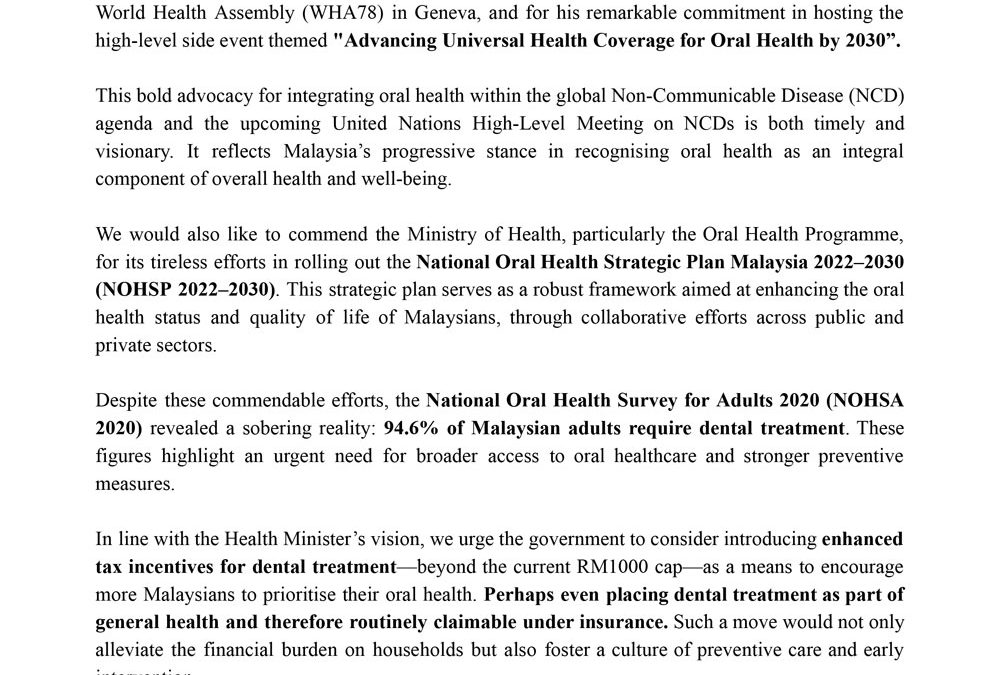 Congratulating the Honourable Minister of Health on Leading Malaysia’s Delegation to WHA78 and Championing Oral Health