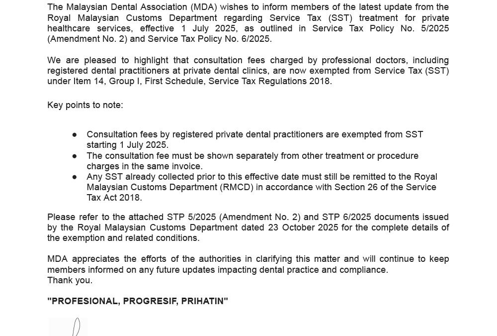 Update on SST Exemption forDental Consultation Fees
