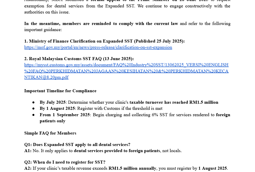 MDA Position on Expanded SST for Dental Services