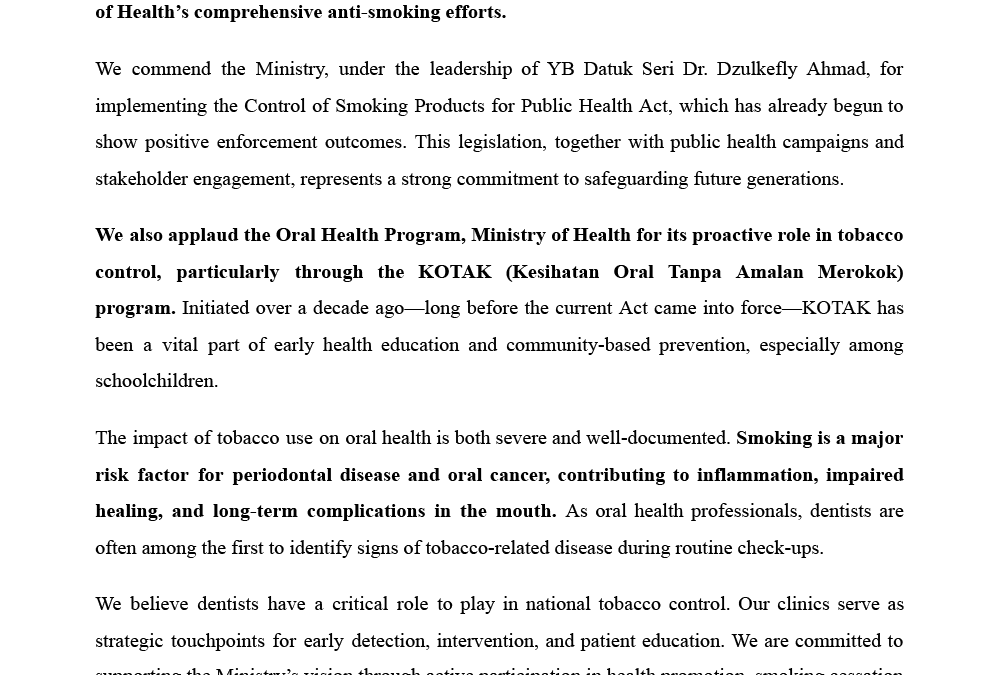 In Support of the Ministry of Health’s Vision for a Smoke-Free Malaysia by 2040
